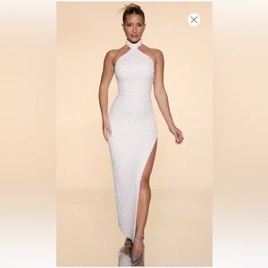 Oh Polly ‘Positano’ White Dress with high neck and embellishments